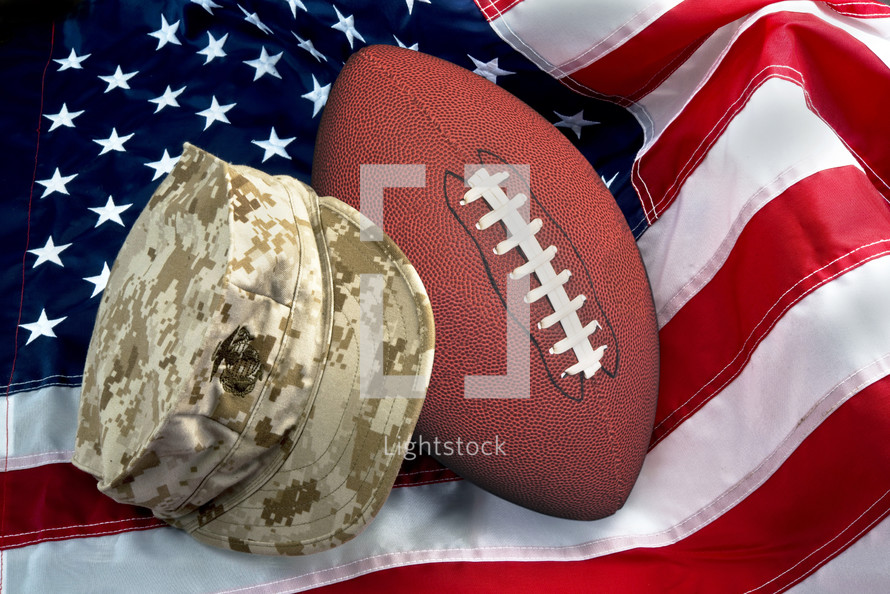 soldier hat, football, and American flag 