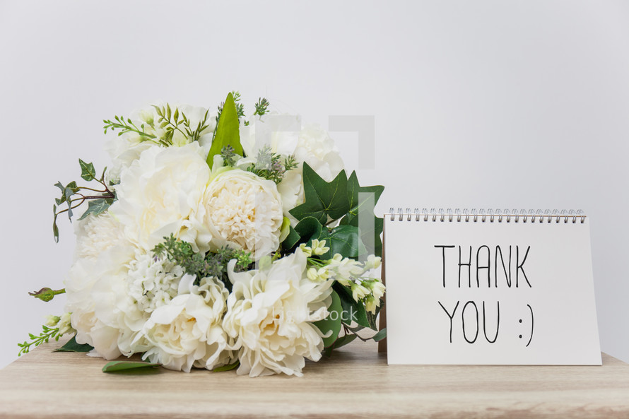 thank you and white flower bouquet 