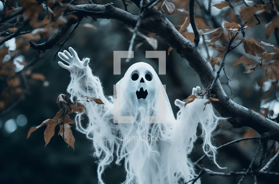 A ghostly figure in a Halloween costume perched on tree branches