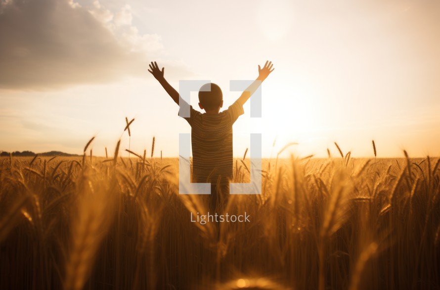 A young boy standing in a wheat field, bathed in golden light, viewed from behind during the sunset