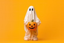 Halloween ghost with pumpkin isolated on orange background. 3d illustration