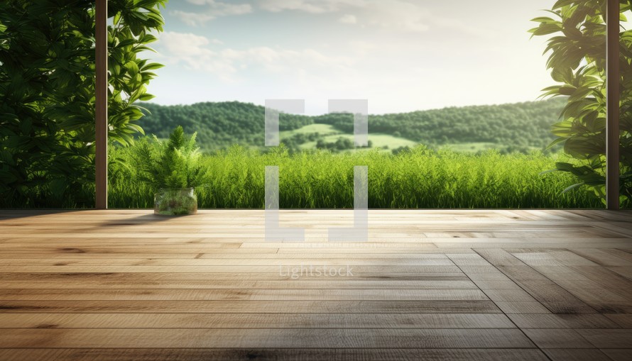 Wooden terrace with view of the countryside. 3d rendering