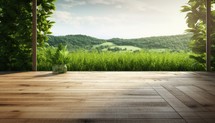 Wooden terrace with view of the countryside. 3d rendering
