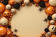 Halloween background with pumpkins and spiders. 3D illustration.