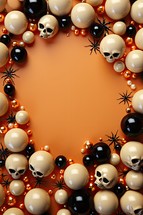 Halloween background with skulls, spiders and beads. 3d rendering