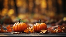Autumn background with pumpkins, leaves and bokeh.