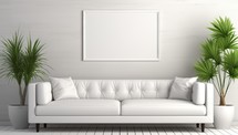Modern interior with white sofa, plants and blank poster. 