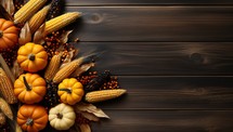 Autumn composition with pumpkins and corn on wooden background. Top view with copy space
