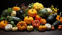 Autumn harvest of pumpkins and squashes on a wooden background