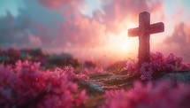 Wooden Cross at Sunset with Pink Flowers