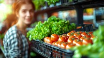 Young Woman Buys Tomatoes in Grocery Store
