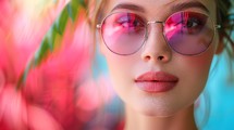 Closeup portrait of a beautiful young woman in pink sunglasses. Beauty, fashion.