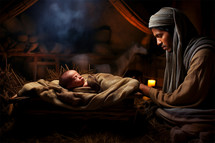 Shepherd worshiping Baby Jesus laying in the manger