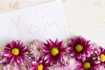 Word mom written on white card with pink daisies