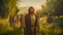 Jesus and the disciples walking in the gardens