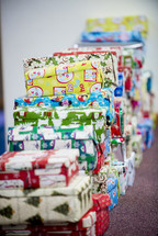 wrapped shoe boxes at Christmas 