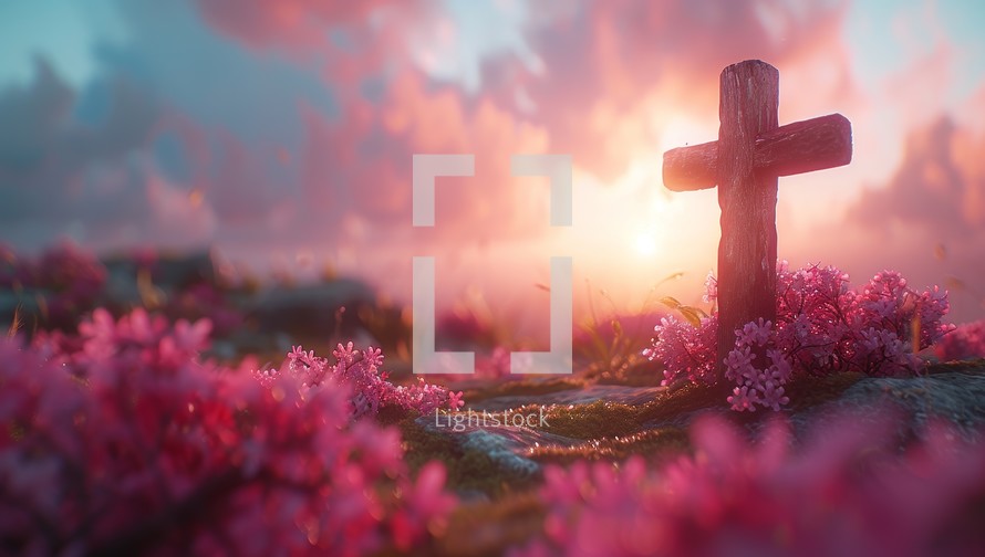 Wooden Cross at Sunset with Pink Flowers