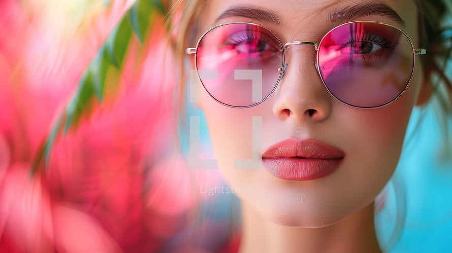Closeup portrait of a beautiful young woman in pink sunglasses. Beauty, fashion.