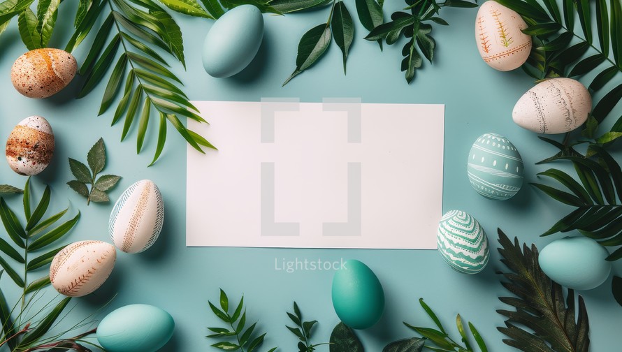 Easter greeting card mockup with pastel easter eggs, green leaves and copy space on blue background