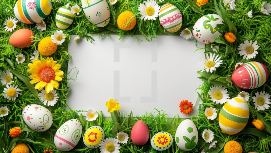 Easter eggs and flowers on green grass background. Easter frame with colorful eggs, daisies, and tulips. Copy space for text.
