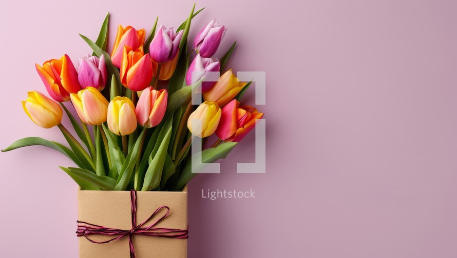 Bouquet of tulips in a gift box on a pink background