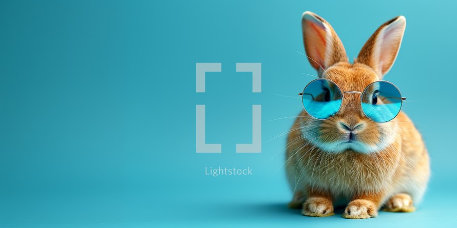 Cute Easter bunny wearing sunglasses on blue background with copy space.