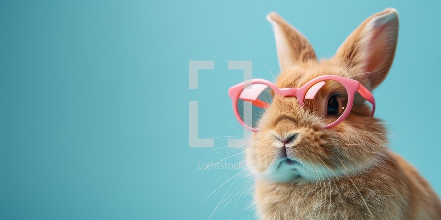 Cute red rabbit wearing pink heart shaped sunglasses on blue background.