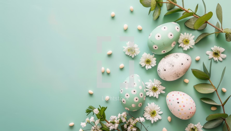 Easter eggs and spring flowers on pastel green background. Flat lay, top view