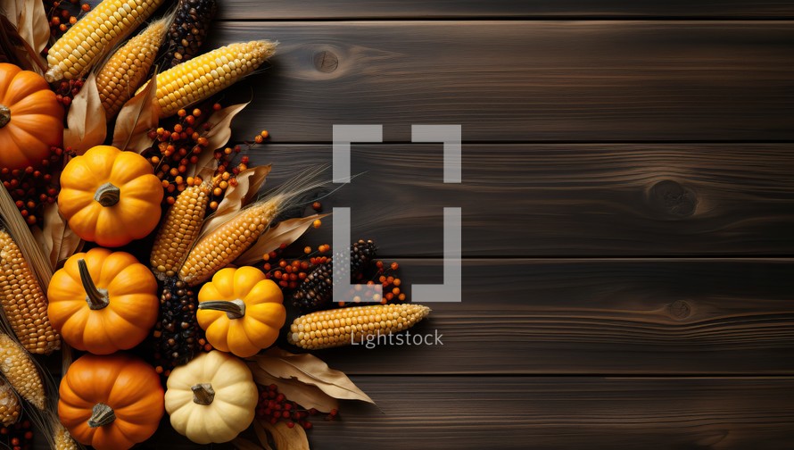 Autumn composition with pumpkins and corn on wooden background. Top view with copy space