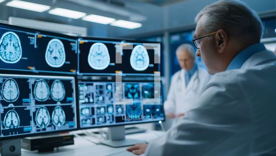 Medical professional analyzing brain scans on multiple computer monitors. Doctor examining patients brain activity and health. Concept of medical research, diagnosis, and healthcare.