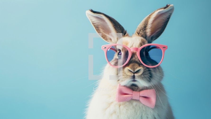 Cute rabbit wearing pink glasses and bow tie on blue background.