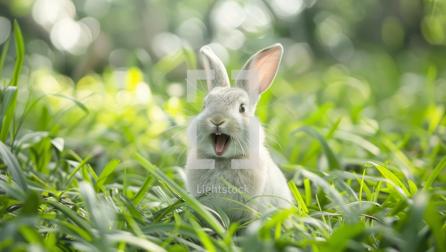 Cute rabbit on green grass with bokeh nature background.
