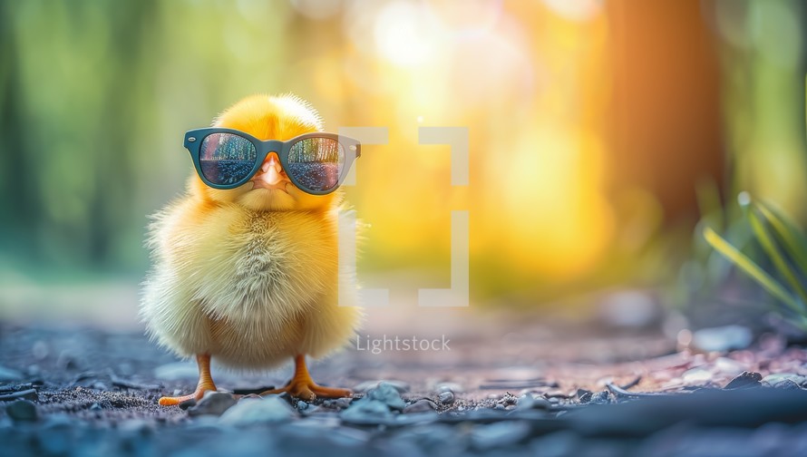Cute little yellow chicken in sunglasses on blurred background. Easter holiday concept.