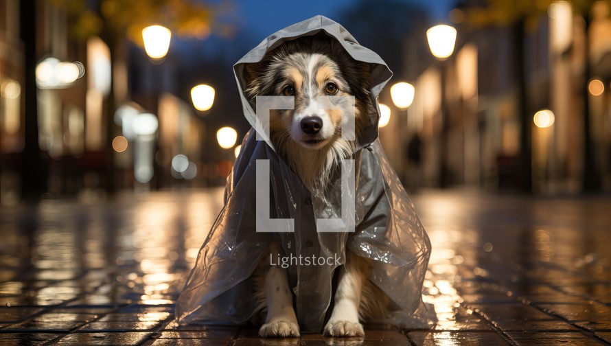 Corgi dog in a raincoat on the street at night