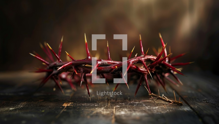 Red crown of thorns on a wooden background. Symbol of Jesus Christ.