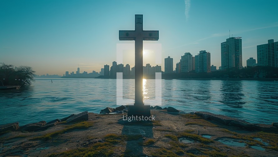 Crucifix on the lake with cityscape in the background.