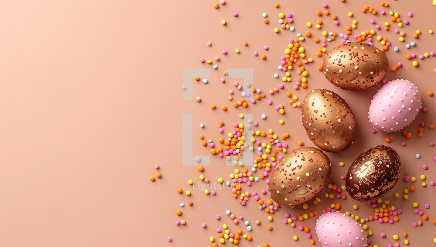 Colorful easter eggs with sprinkles on pastel pink background