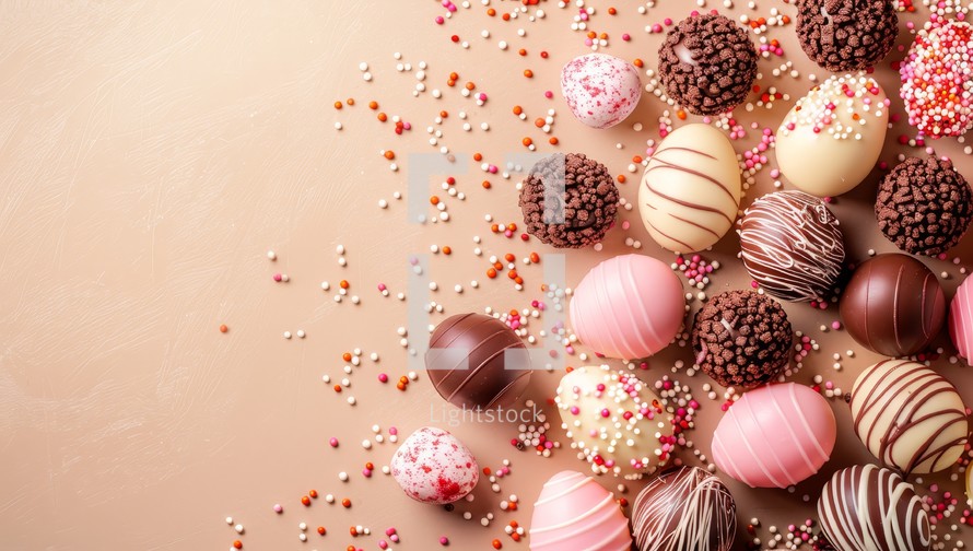 Close up of various chocolate candies and sprinkles on a beige background