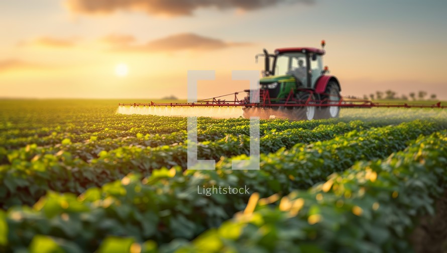 Tractor spraying pesticides on soy field at sunset. Modern agriculture, farming and technology concept.