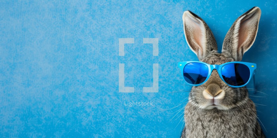 Close up portrait of a gray bunny wearing blue sunglasses against a blue background. Concept of happy easter and spring.