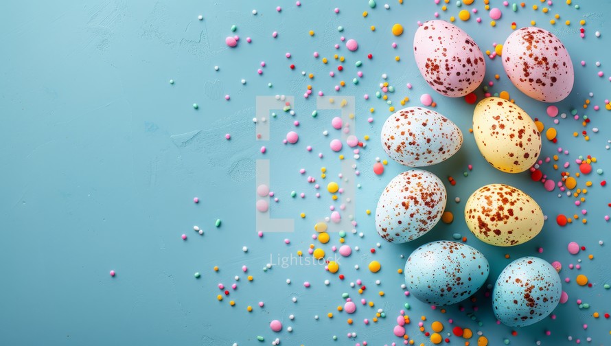 Colorful Easter eggs with sprinkles on blue background. Top view