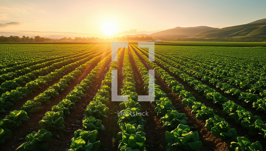 Rows of lettuce plants in a field with the sun in the background