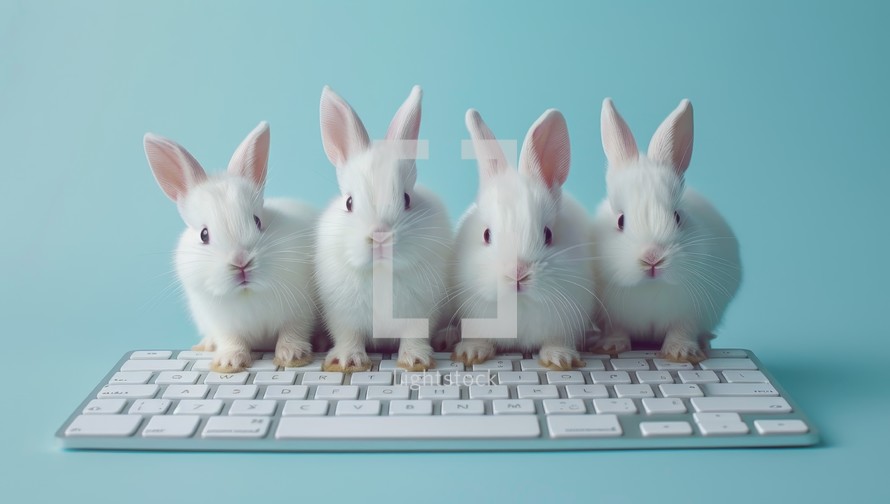 Group of white rabbits sitting on a computer keyboard on a blue background