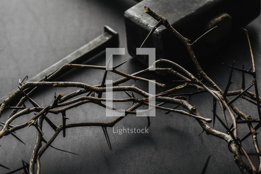A crown of thorns, hammer, and nail.