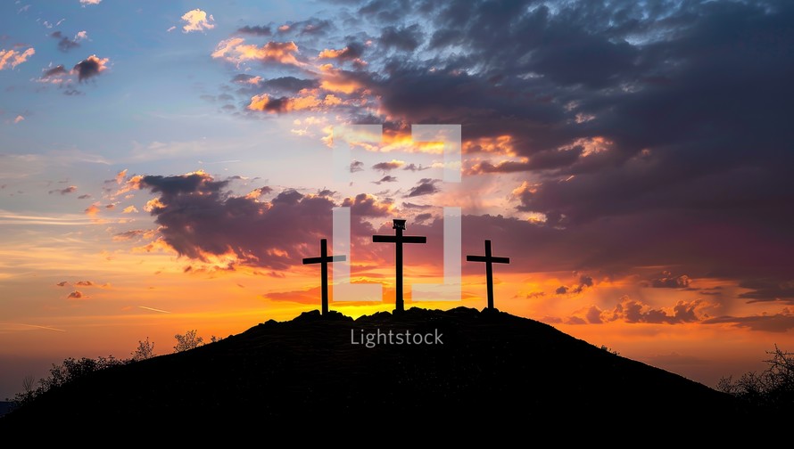 Three Crosses on Calvary at Sunset