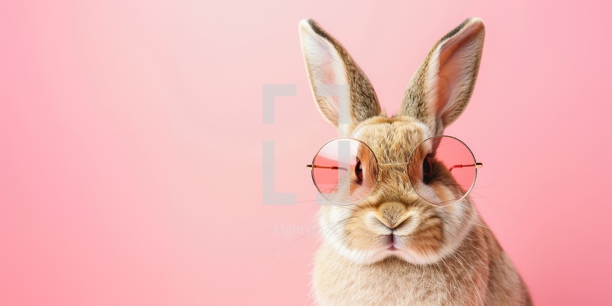 Cute bunny in sunglasses on color background, closeup. Space for text