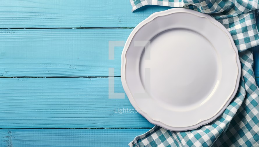 Empty plate and napkin on blue wooden background. Top view with copy space