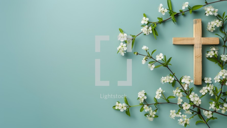 Wooden cross and white flowers on blue background with copy space.