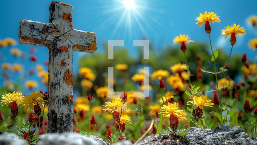 Cross and flowers in a meadow on the background of the sun