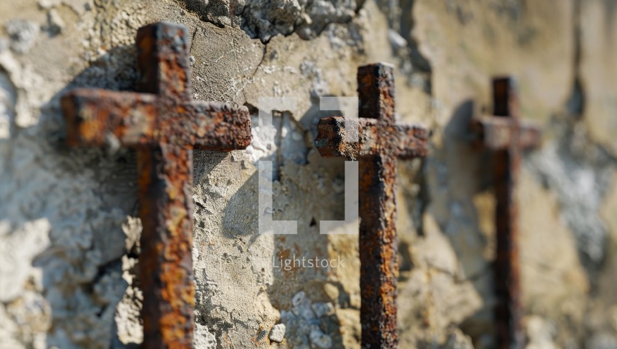 Three Rusty Metal Crosses on Weathered Concrete Wall